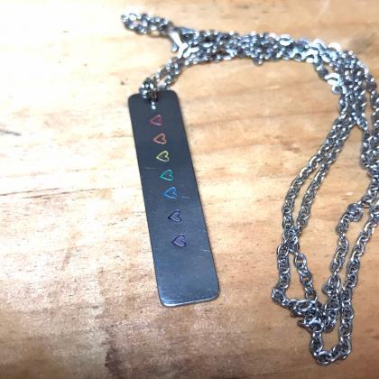 Steel Rainbow Heart Rectangle Chain Necklace,..