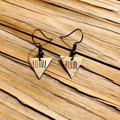 Earrings, One Pair, Golden Brass Triangle Rainbow..