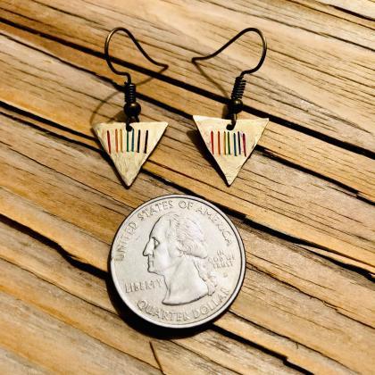 Earrings, One Pair, Golden Brass Triangle Rainbow..