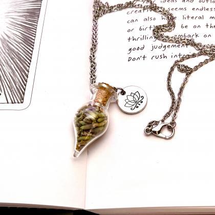 Small Lavender Bottle Necklace, Lotus..