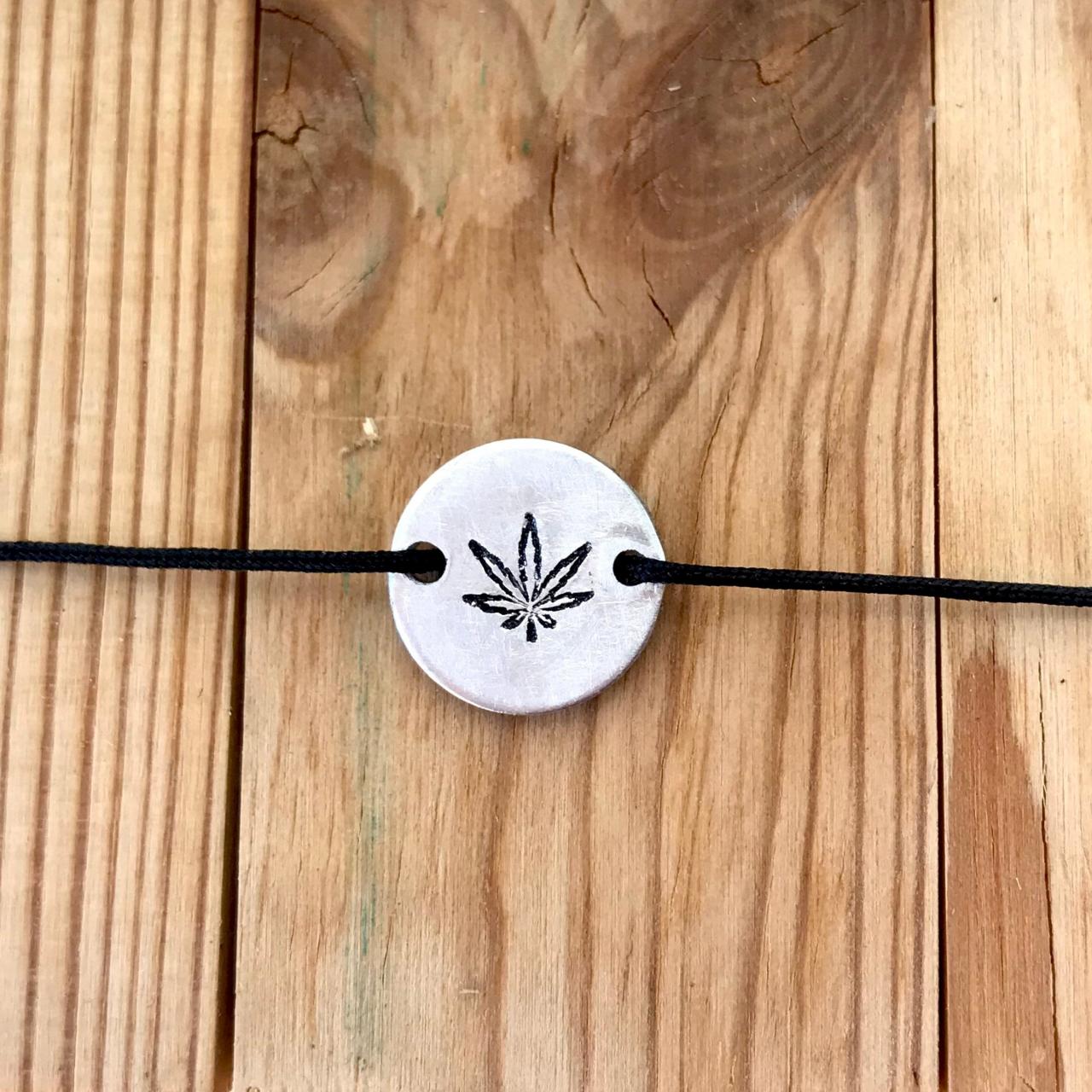 Tiny, Hand Stamped, Pot Leaf Bracelet, Unisex on Luulla