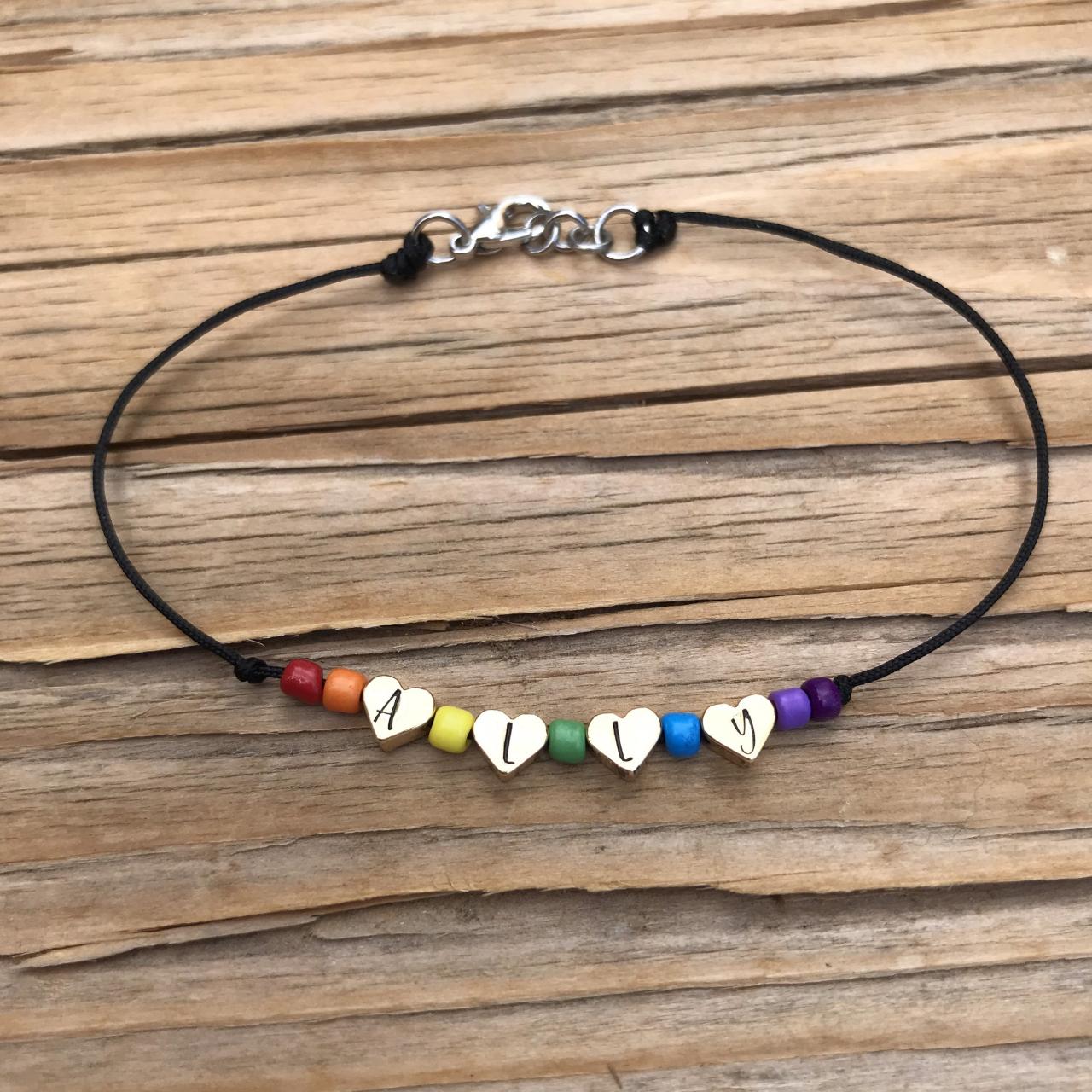 Pride Ally, Customizable, Beaded Rainbow Bracelet/Anklet With brass hearts, Steel chain and lobster claw, Love is Love, colorful, LGBTQ