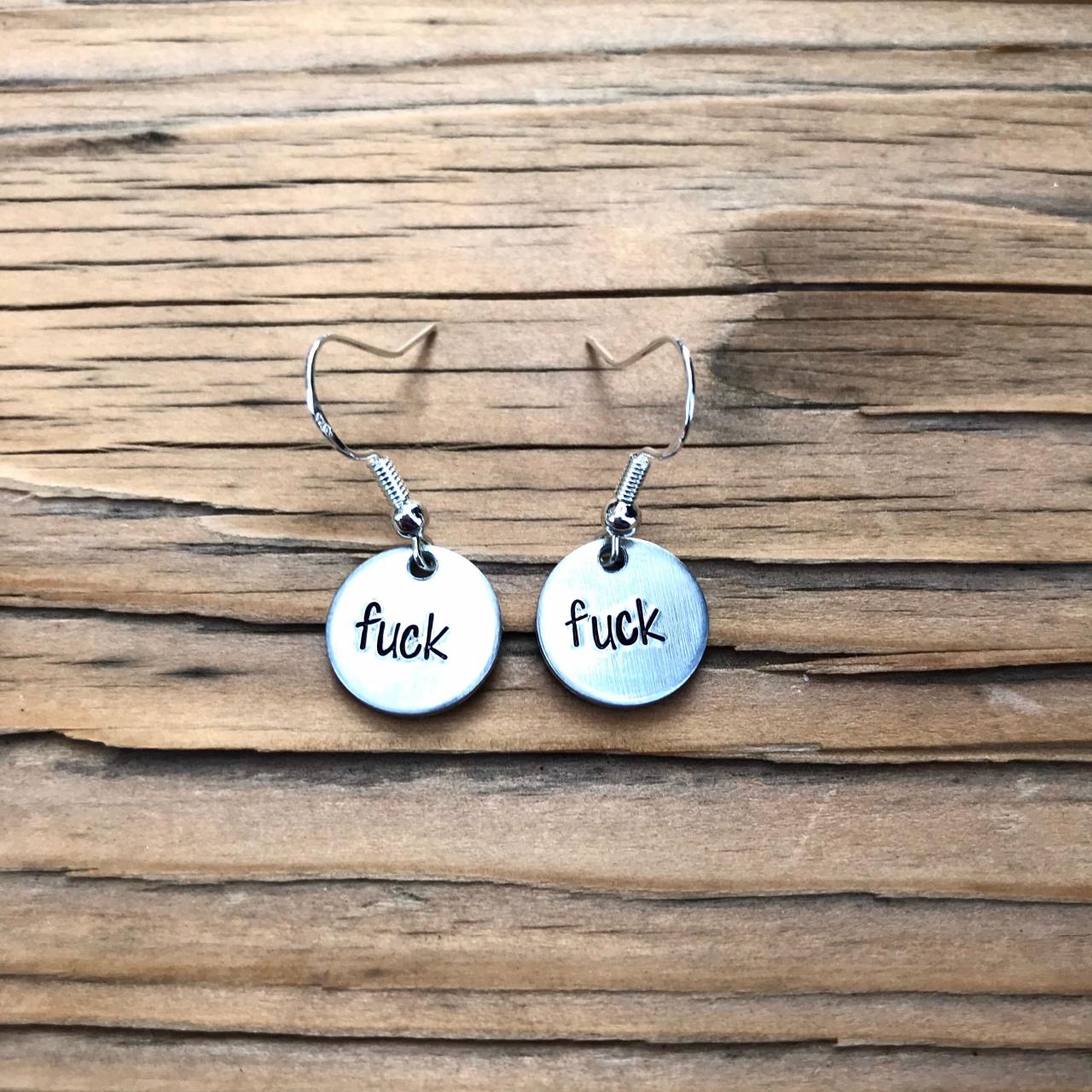 Earrings, Fuck Earrings, jewelry aluminum, hand stamped, silver, tiny, small, dainty, bad word, cuss word jewelry, naughty gifts, naughty