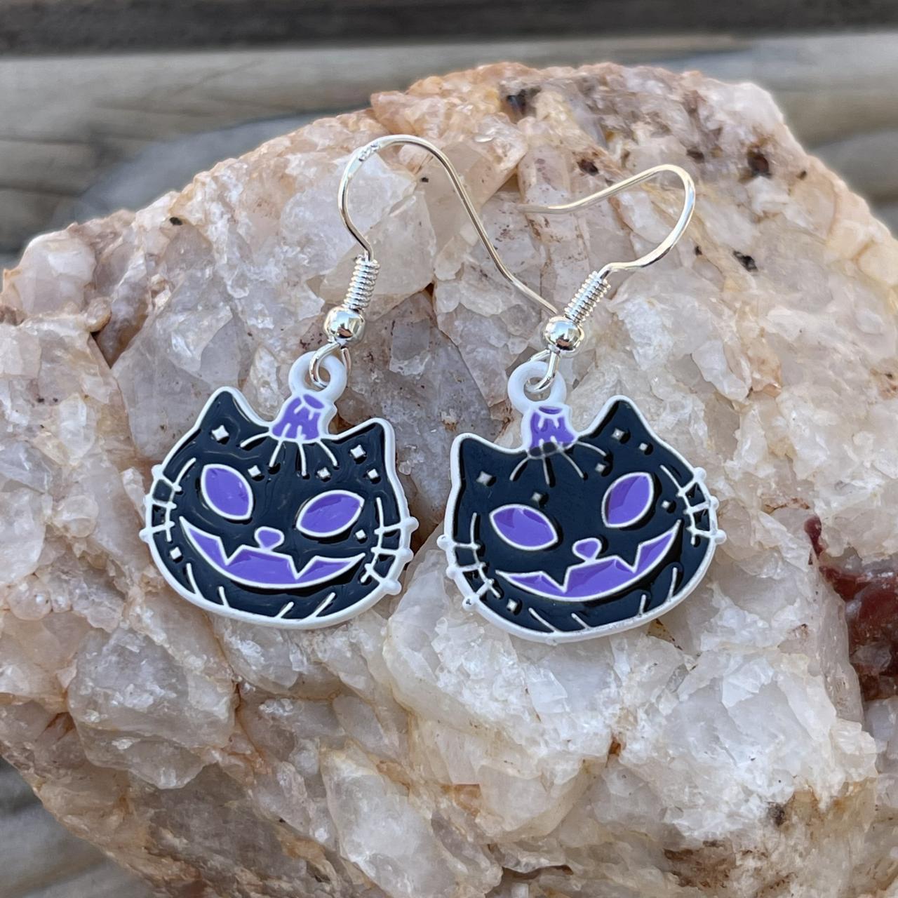 Black Cat Earrings, Halloween Accessories, Cat Jewelry, Black Pumpkin Earrings, Sterling Silver, Purple Pumpkin