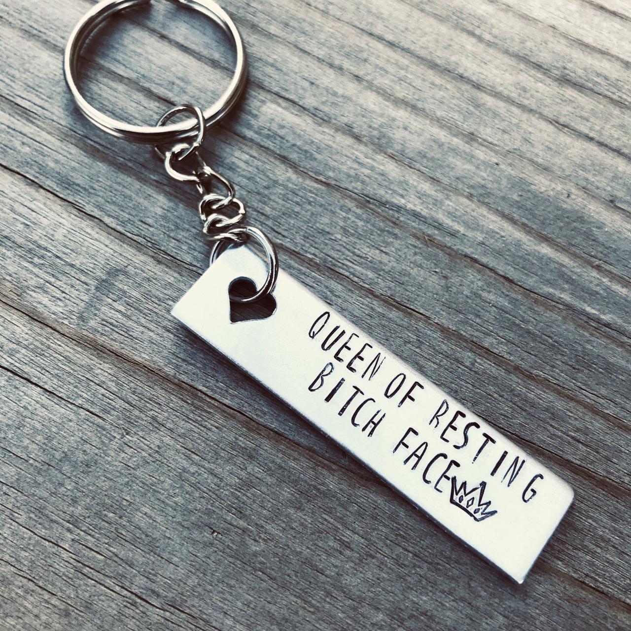 Hand stamped, Queen of Resting Bitch Face, custom keychain. Initials, name, customizable