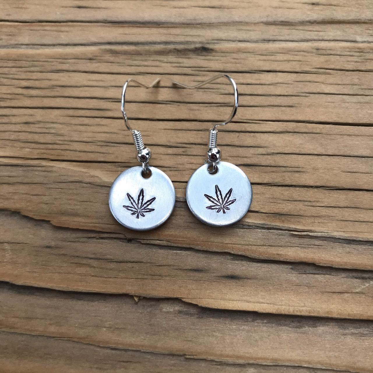 Pot Leaf Earrings, Silver Marijuana Earrings, Metal Stamped Jewelry, Hand Stamped Shop, Gift For Her, For Them, Stoner Present, Buds