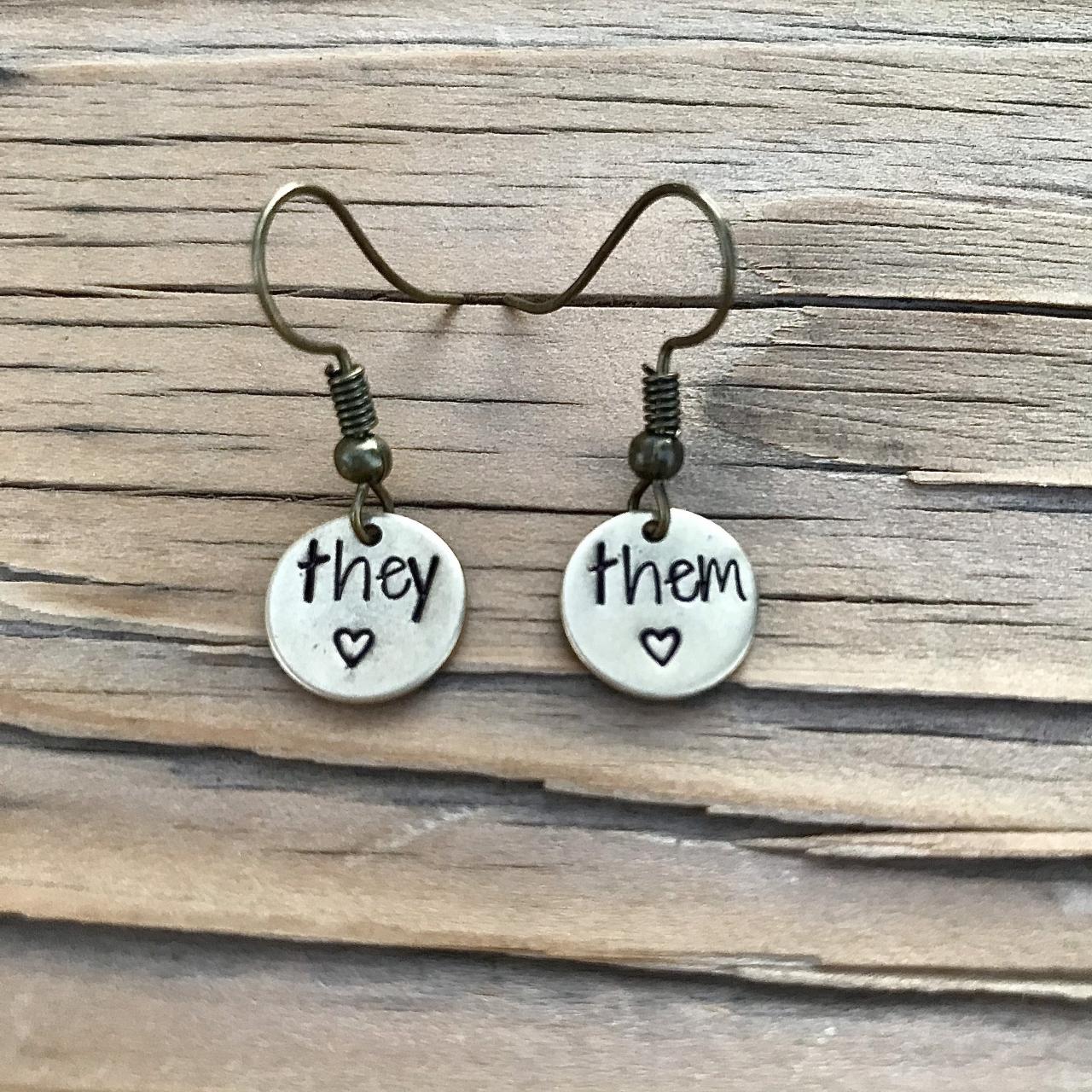 They Them Jewelry, Golden brass, Tiny word earrings, hand stamped metal, metal stamped earrings,