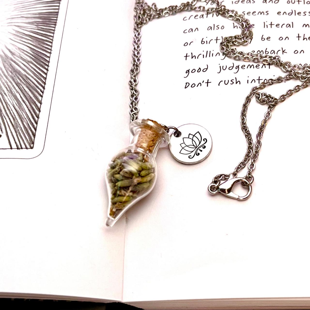 Small Lavender Bottle Necklace, Lotus Flower,stainless Steel Chain, Lavender Bottle Necklace, Lotus Flower, Hand Stamped Metal