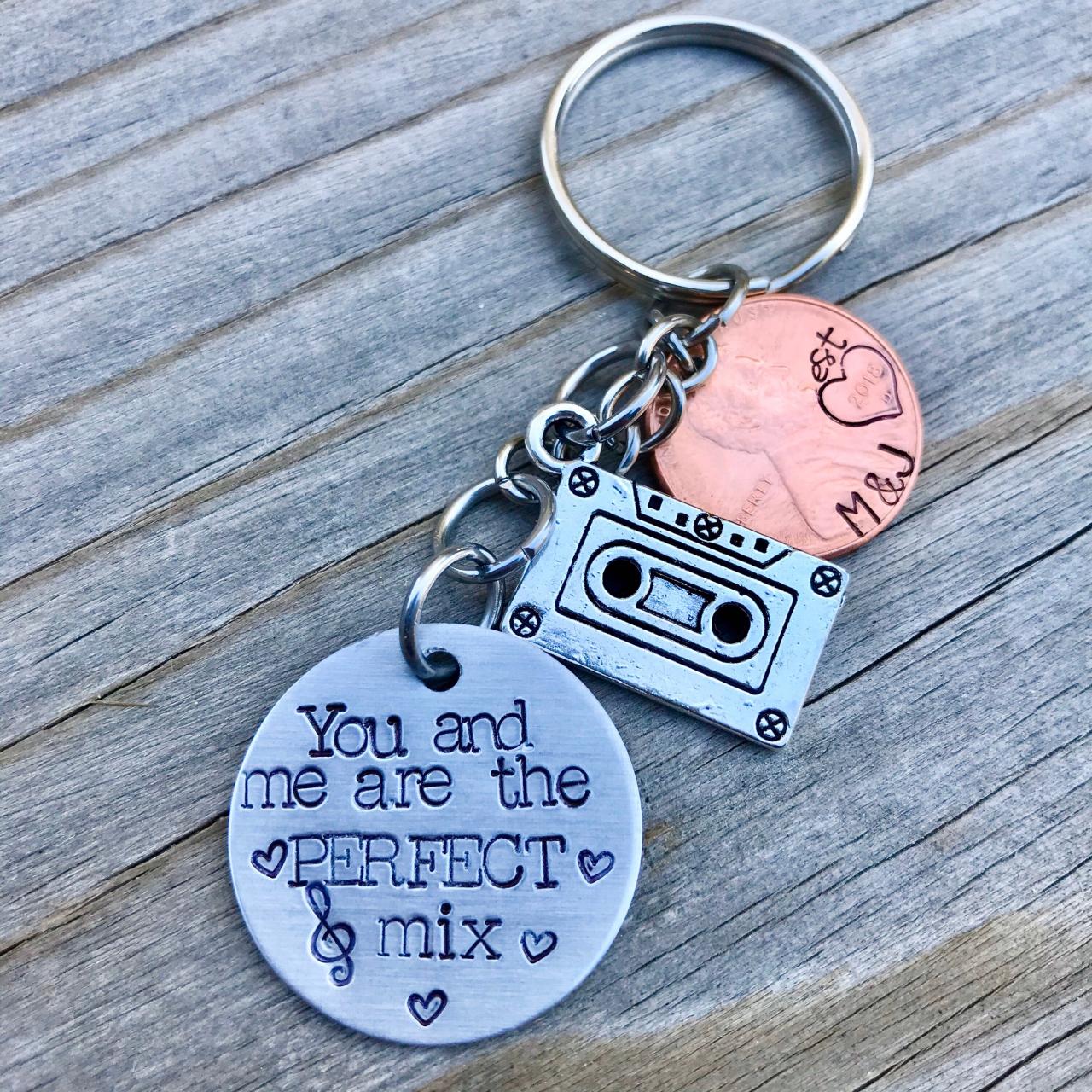 Hand stamped You and Me Are the Perfect Mix keychain, initial, name, customization