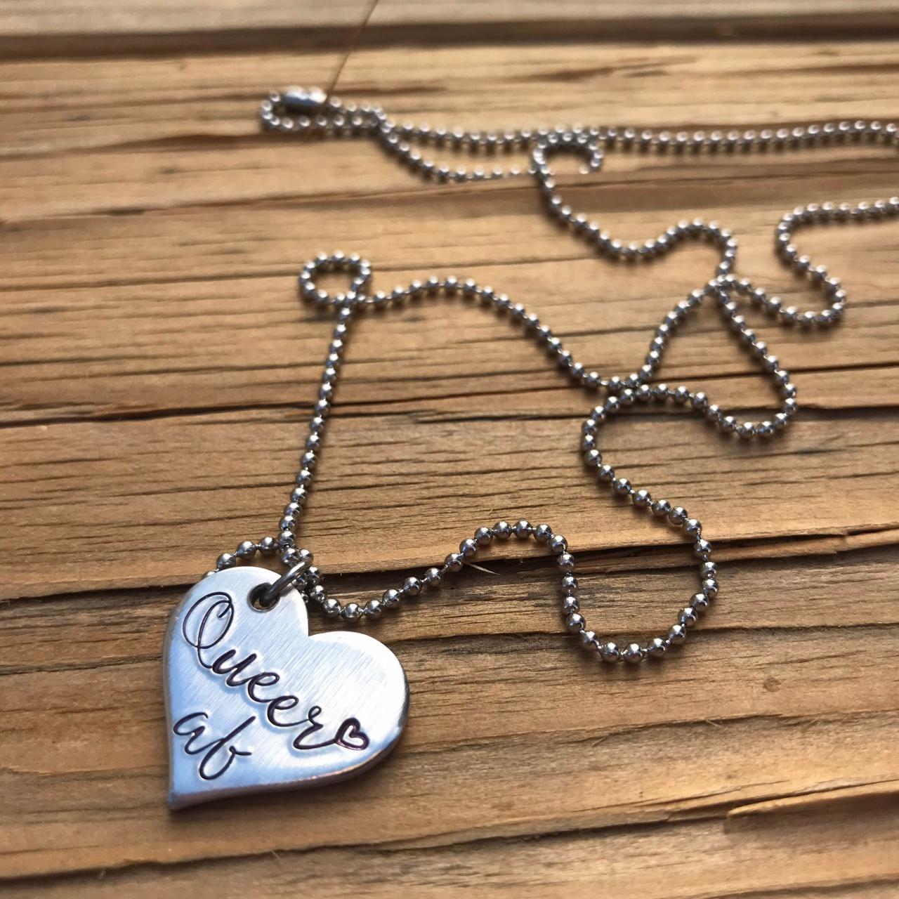 Queer AF ball chain necklace, aluminum fancy, lightweight, subtle pride present, girlfriend gift, coming out, Pride, hand stamped metal