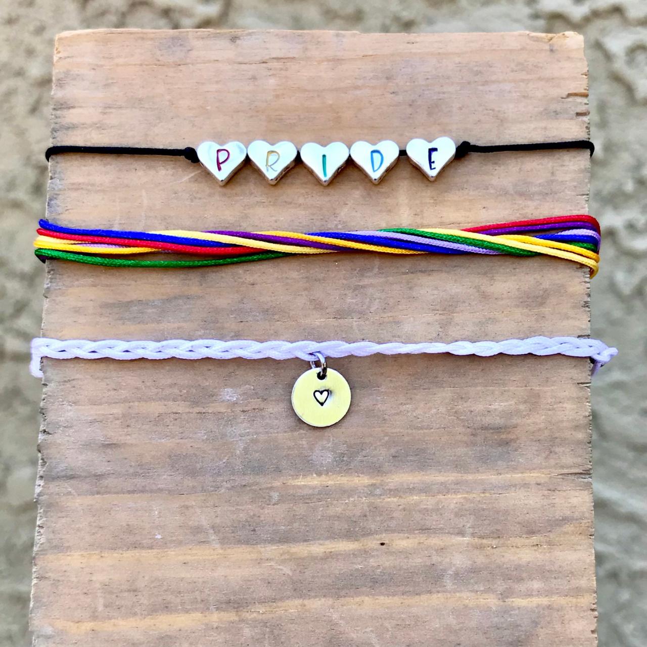 Pride, Rainbow Bracelet Set, 3 piece Pride Rainbow with Metal hearts Bracelets/Anklets with Adjustable Cord, love lgbtqia