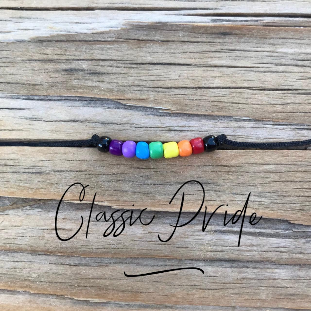 Pride Jewelry, Beaded Rainbow Bracelet Or Anklet With Black Adjustable Cord Love Is Love