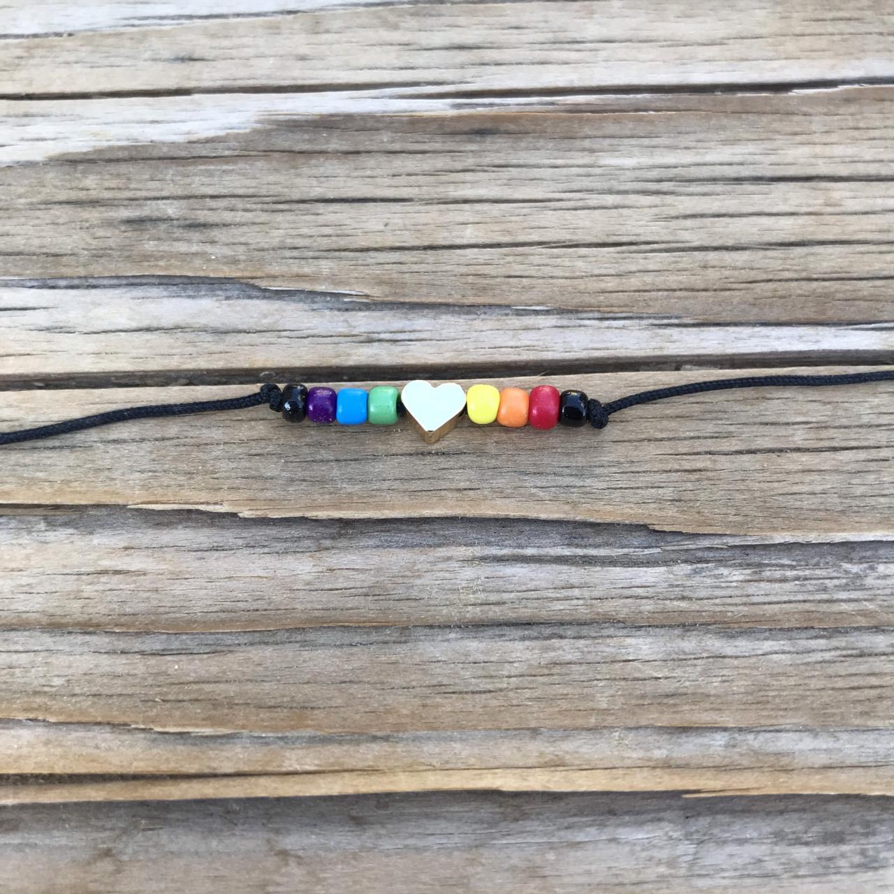 Pride Bracelet Rainbow Bracelet, Beaded Rainbow, Golden, Brass, Heart, Bracelet Or Anklet With Black Adjustable Cord Love Is Love