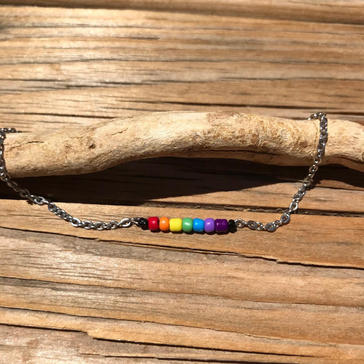 Pride jewelry, Chain Beaded Rainbow Bracelet with BLACK cord tying the beads to chain, Steel chain and lobster claw, Love is Love, LGBTQIA