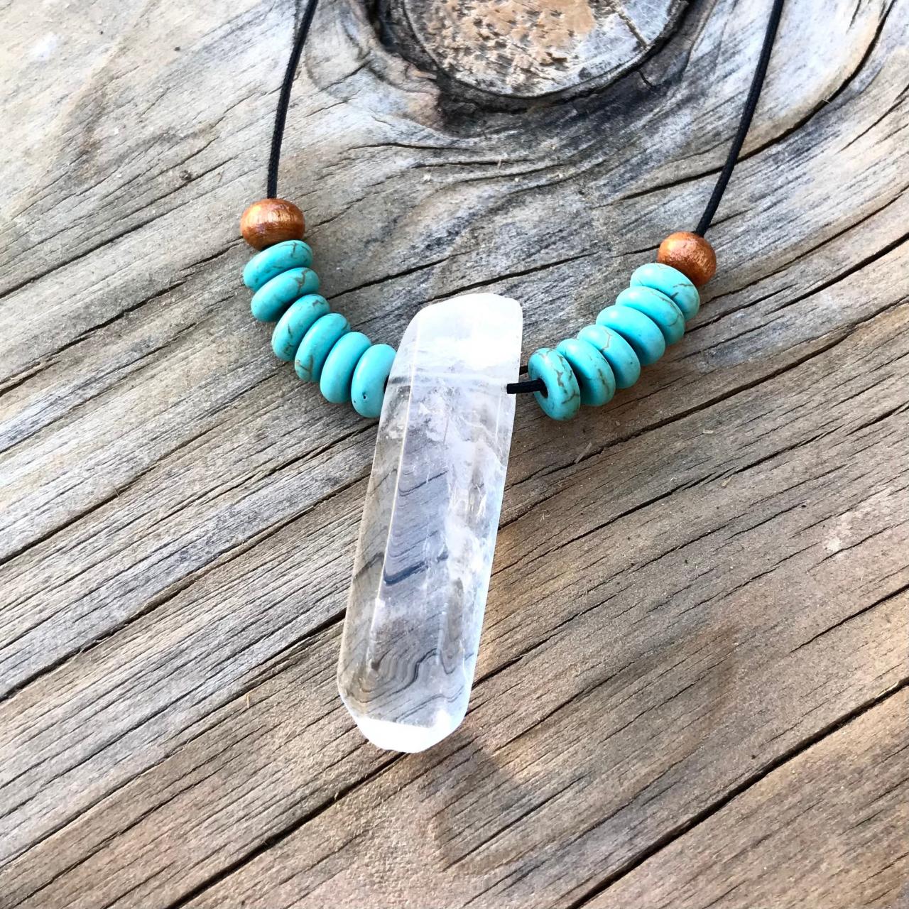 Xl Length Quartz Crystal With Turquoise And Wood Accent Beads. Made With A Copper Clasp. Approximately 31 Inch Length Cord