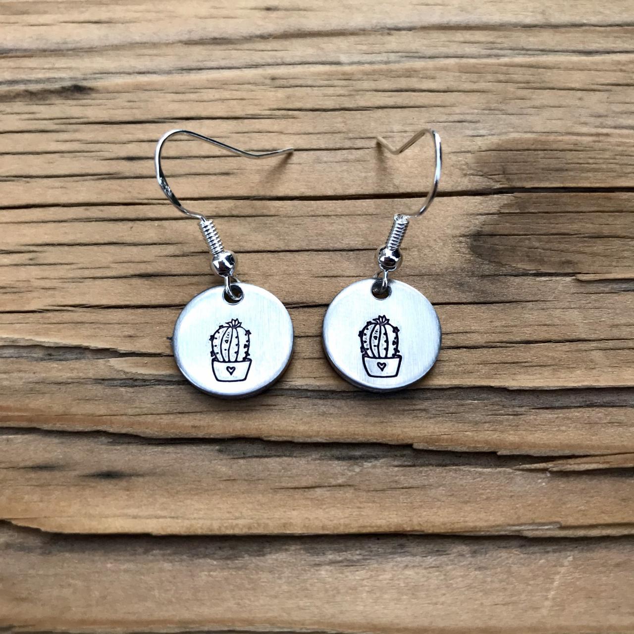 Earrings, Silver Cactus plant Earrings, jewelry aluminum, hand stamped