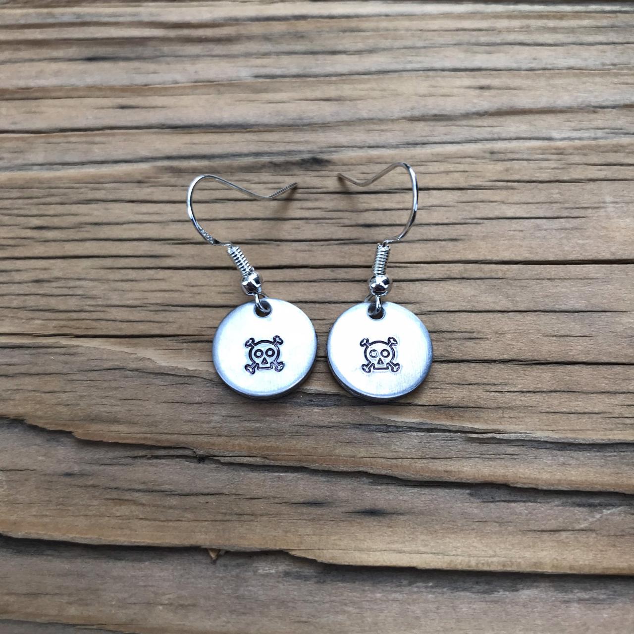 Earrings, Silver Tiny Skull and Crossbones Earrings, jewelry aluminum, hand stamped