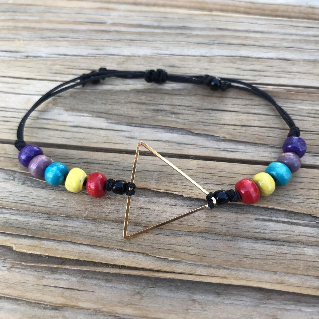 Classic Pride WOOD Beaded Rainbow With Golden Brass Triangle, Bracelet or Anklet With Black Adjustable Cord