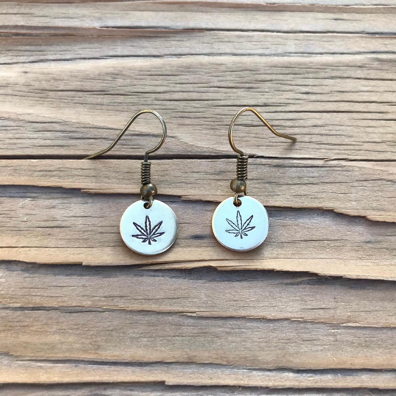 Earrings, Marijuana, Pot Leaf, Golden Brass Tiny Earrings
