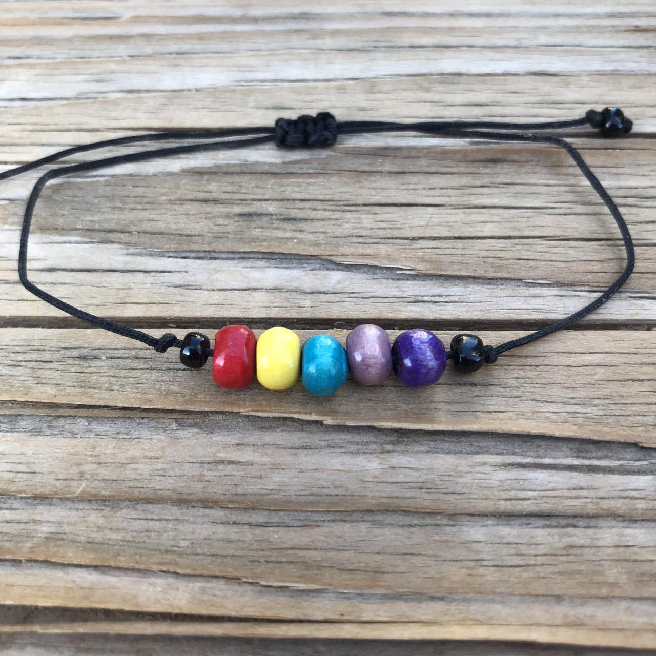 Classic Pride WOOD Beaded Rainbow Bracelet or Anklet With Black Adjustable Cord Love is Love.