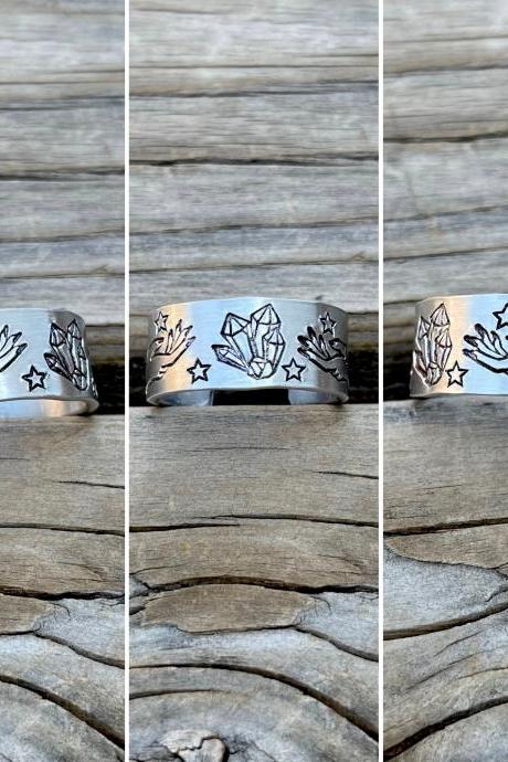 Witchy Ring, Halloween Ring, Crystal Ring, Star Ring, Gothic Jewelry, Celestial Jewelry, Spooky Jewelry, Halloween Metal Stamp, Witch