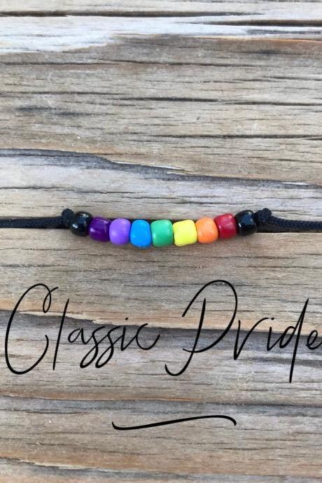 Pride rainbow adjustable bracelet, Beaded Rainbow Bracelet or Anklet With Black Adjustable Cord Love is Love, coming out gift