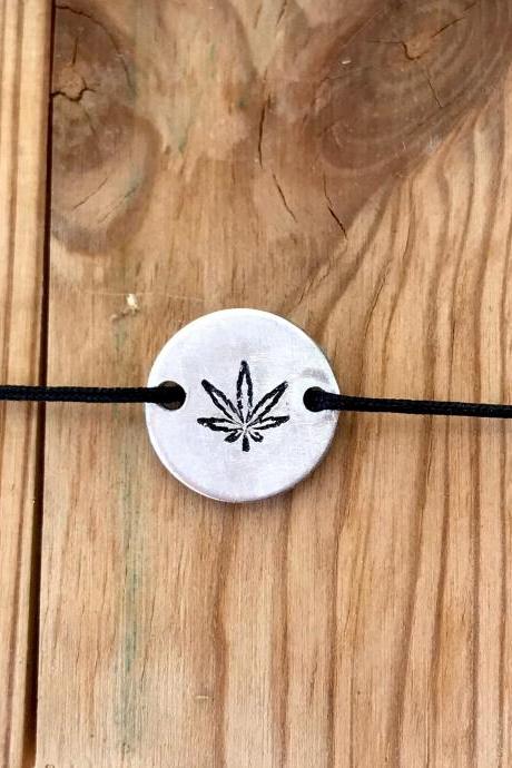 Tiny, Hand Stamped, Pot Leaf Bracelet, Unisex