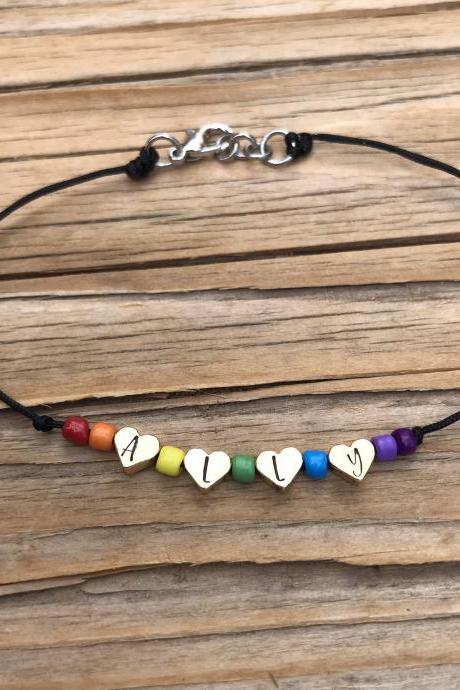 Pride Ally, Customizable, Beaded Rainbow Bracelet/anklet With Brass Hearts, Steel Chain And Lobster Claw, Love Is Love, Colorful, Lgbtq