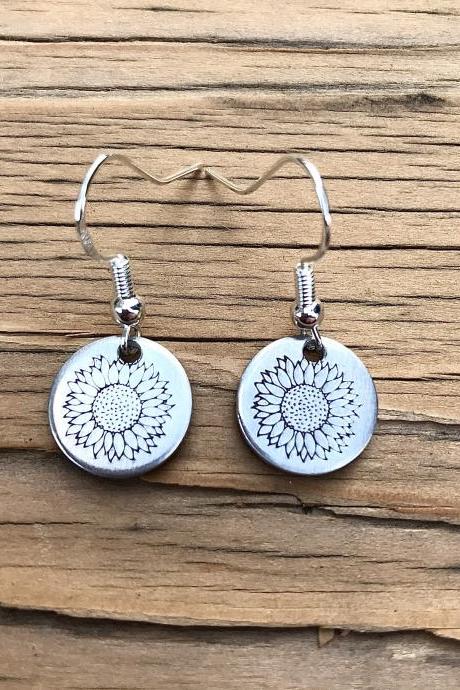 Earrings, Silver Tiny Sunflower Earrings, jewelry aluminum, hand stamped