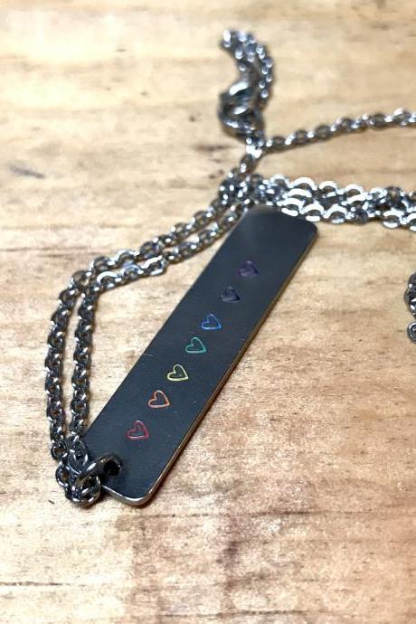 Steel Rainbow Heart Rectangle Chain Necklace, Lgbtq, Metal Stamped, Unique Gift, Colorful