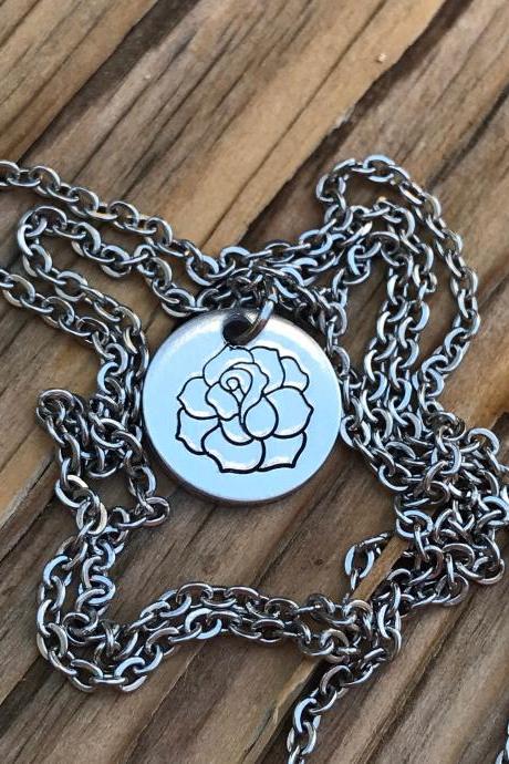 Tiny dainty rose flower disc necklace