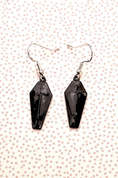 Black Coffin Earrings, Vampire Accessories, Gothic Jewelry, Goth Black Earrings, Sterling Silver, Coffin Jewelry