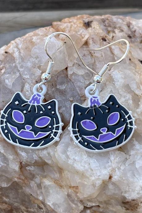 Black cat earrings, Halloween accessories, cat jewelry, black pumpkin earrings, sterling silver, purple pumpkin