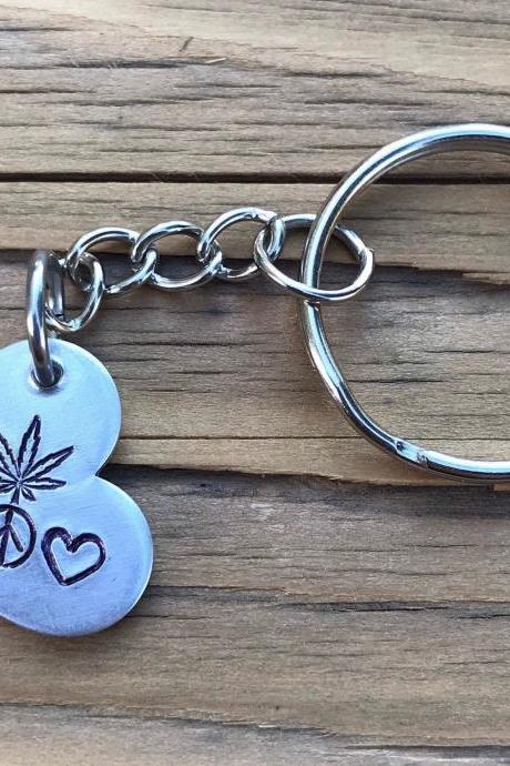Weed, marijuana, Keychain, leaf, peace, love, aluminum