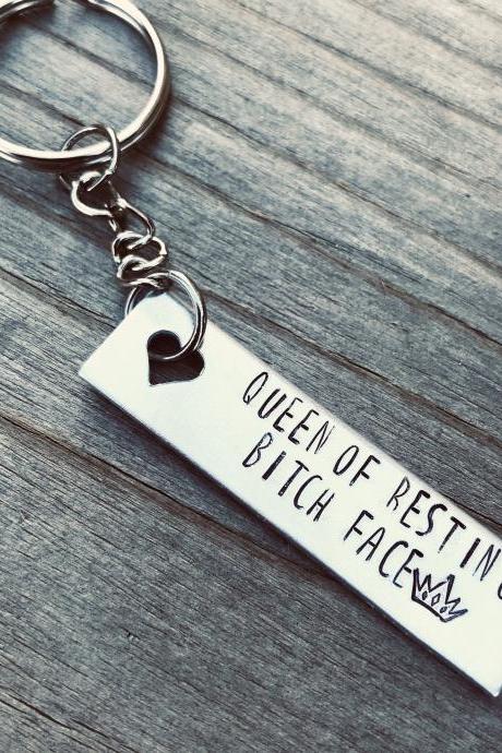 Hand stamped, Queen of Resting Bitch Face, custom keychain. Initials, name, customizable