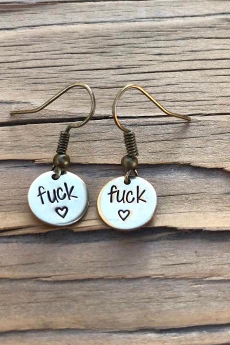 Fuck Earrings, Hand Stamped gift, Golden brass jewelry, custom stamped jewelry, gift for them, gift for her, friend gift, funny birthday,