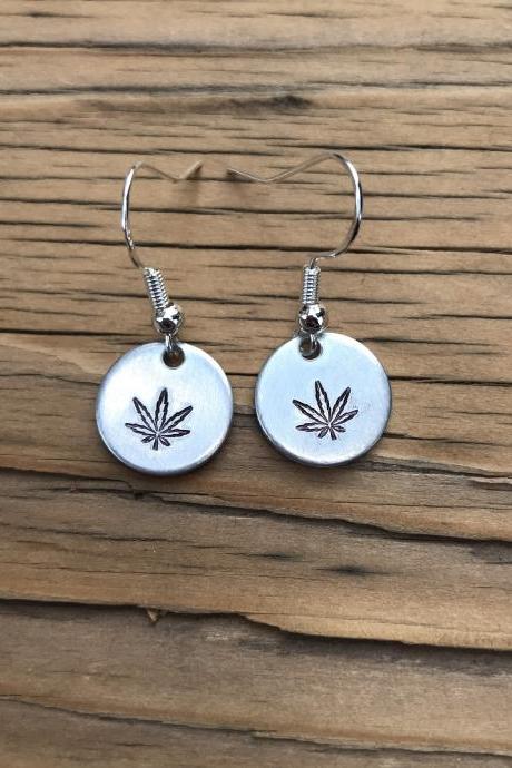 Pot leaf Earrings, Silver Marijuana Earrings, metal stamped jewelry, hand stamped shop, gift for her, for them, stoner present, best buds