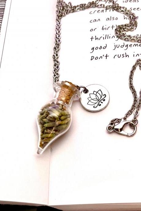 Small lavender bottle necklace, lotus flower,stainless steel chain, lavender bottle necklace, lotus flower, hand stamped metal
