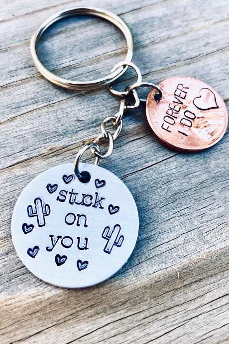 Hand stamped Stuck on you, cactus keychain, initial, name, customization