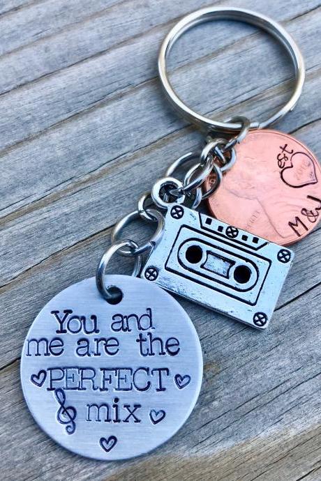 Hand stamped You and Me Are the Perfect Mix keychain, initial, name, customization