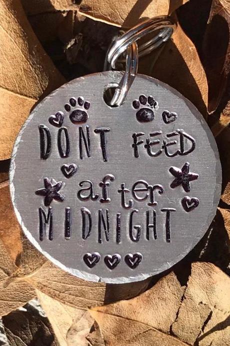 Don’t Feed After Midnight, funny Pet Gag gift, cat ID tag, hand stamped metal, metal stamped, Id tag for animal, funny pet tag