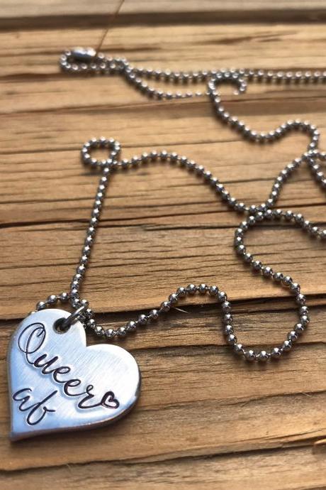 Queer Af Ball Chain Necklace, Aluminum Fancy, Lightweight, Subtle Pride Present, Girlfriend Gift, Coming Out, Pride, Hand Stamped Metal