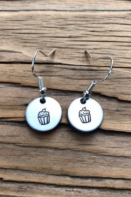 Hypoallergenic, Silver Tiny Cupcake Earrings, aluminum jewelry, hand stamped metal, metal stamped, baker, wife, girlfriend, cake, pastry