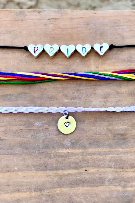 Pride, Rainbow Bracelet Set, 3 piece Pride Rainbow with Metal hearts Bracelets/Anklets with Adjustable Cord, love lgbtqia