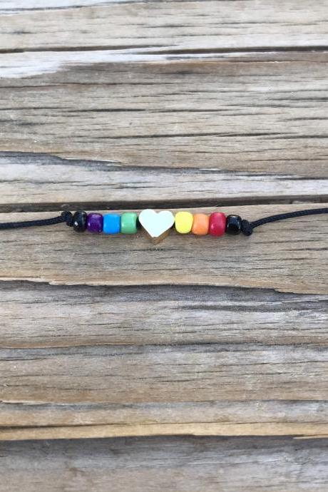 Pride bracelet Rainbow Bracelet, Beaded Rainbow, golden, brass, heart, Bracelet or Anklet With Black Adjustable Cord Love Is Love