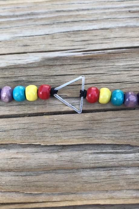 Classic Pride Wood Beaded Rainbow With Silver Metal Triangle, Bracelet Or Anklet With Black Adjustable Cord Love Is Love
