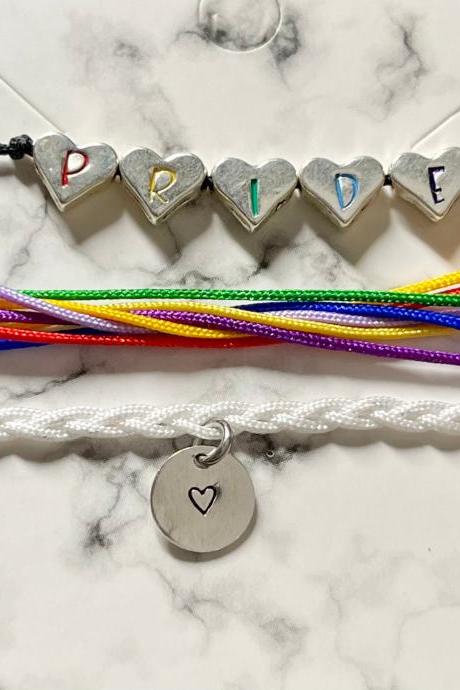 Pride, Rainbow Bracelet Set, 3 Piece Pride Rainbow With Metal Hearts Bracelets/anklets With Adjustable Cord, Love Lgbtqia