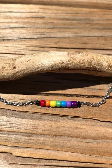 Pride Jewelry, Chain Beaded Rainbow Bracelet With Black Cord Tying The Beads To Chain, Steel Chain And Lobster Claw, Love Is Love, Lgbtqia
