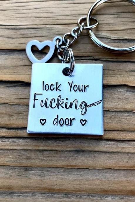 True crime, Lock Your Fucking Door, silver color metal, lightweight aluminum, love, thoughtful gift, keychain