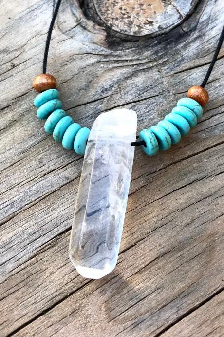 XL LENGTH QUARTZ crystal with turquoise and wood accent beads. Made with a copper clasp. approximately 31 inch length cord